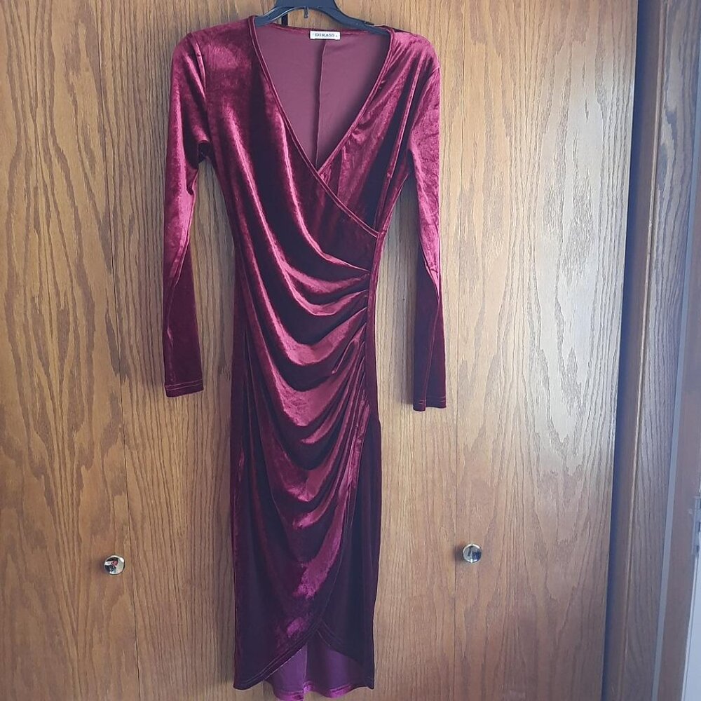 NEW! Dirass Hide Tummy Ruched Bodycon Dress Cocktail Burgundy Velvet Bodycon SzS